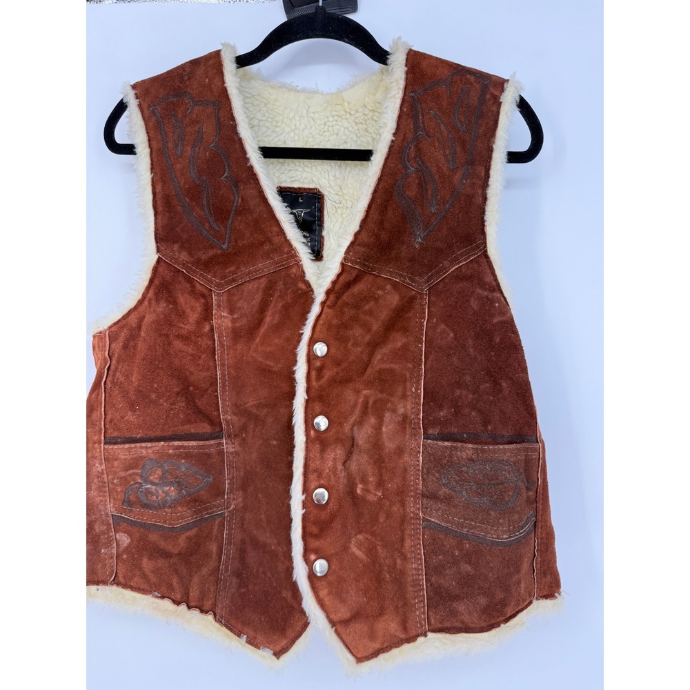 Vintage Western Suede Leather Vest L Brown Shearling Horse Cowboy Ranch